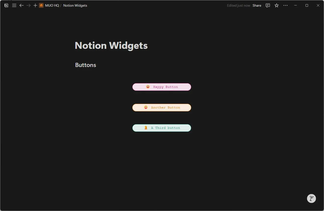 Widget Buttons của Indify cho phép tạo nút tùy chỉnh trong Notion
