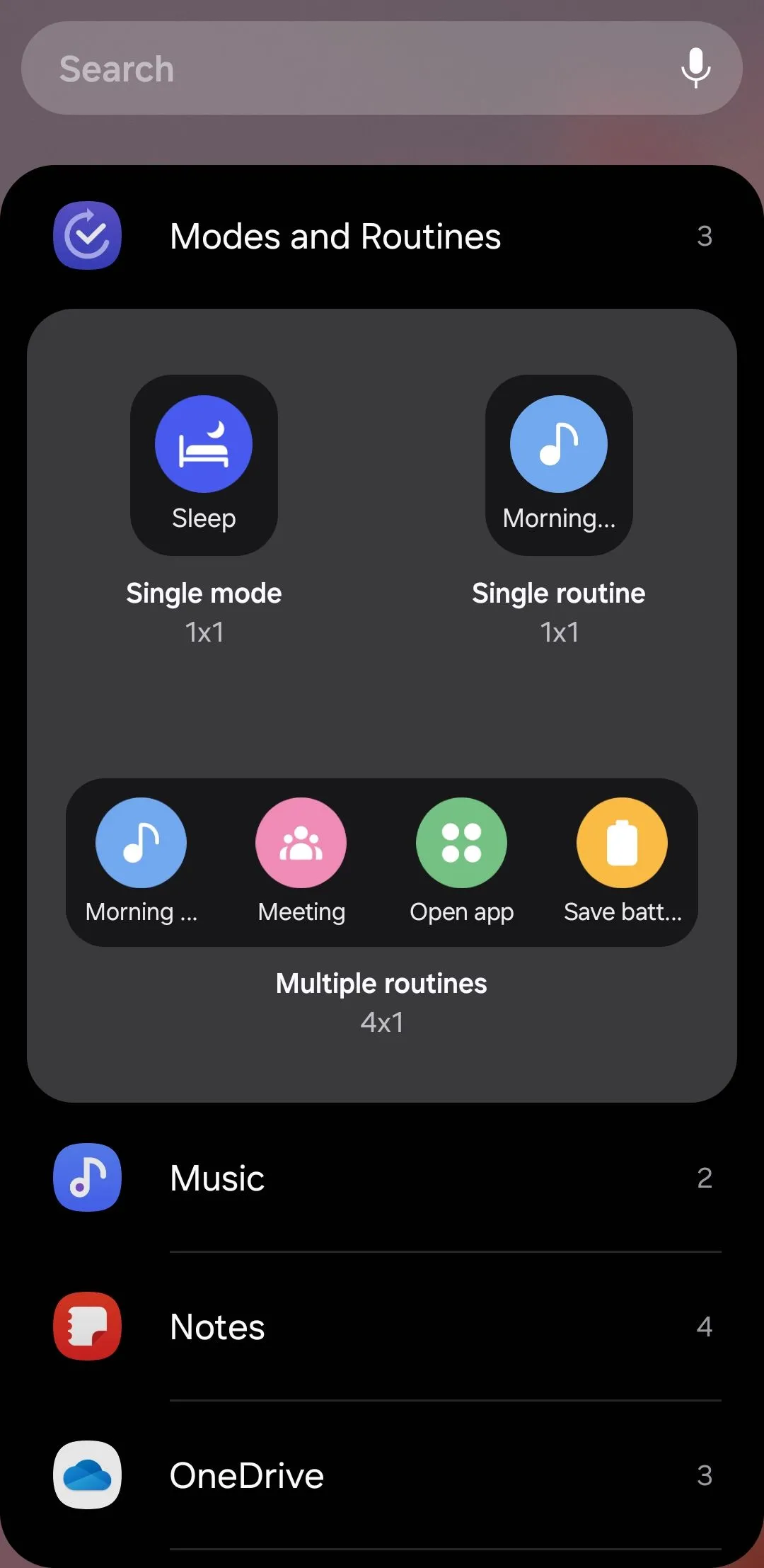 Widget Chế độ và Thói quen (Modes and Routines) trên điện thoại Android, cho phép kích hoạt nhanh các thiết lập tự động hóa.