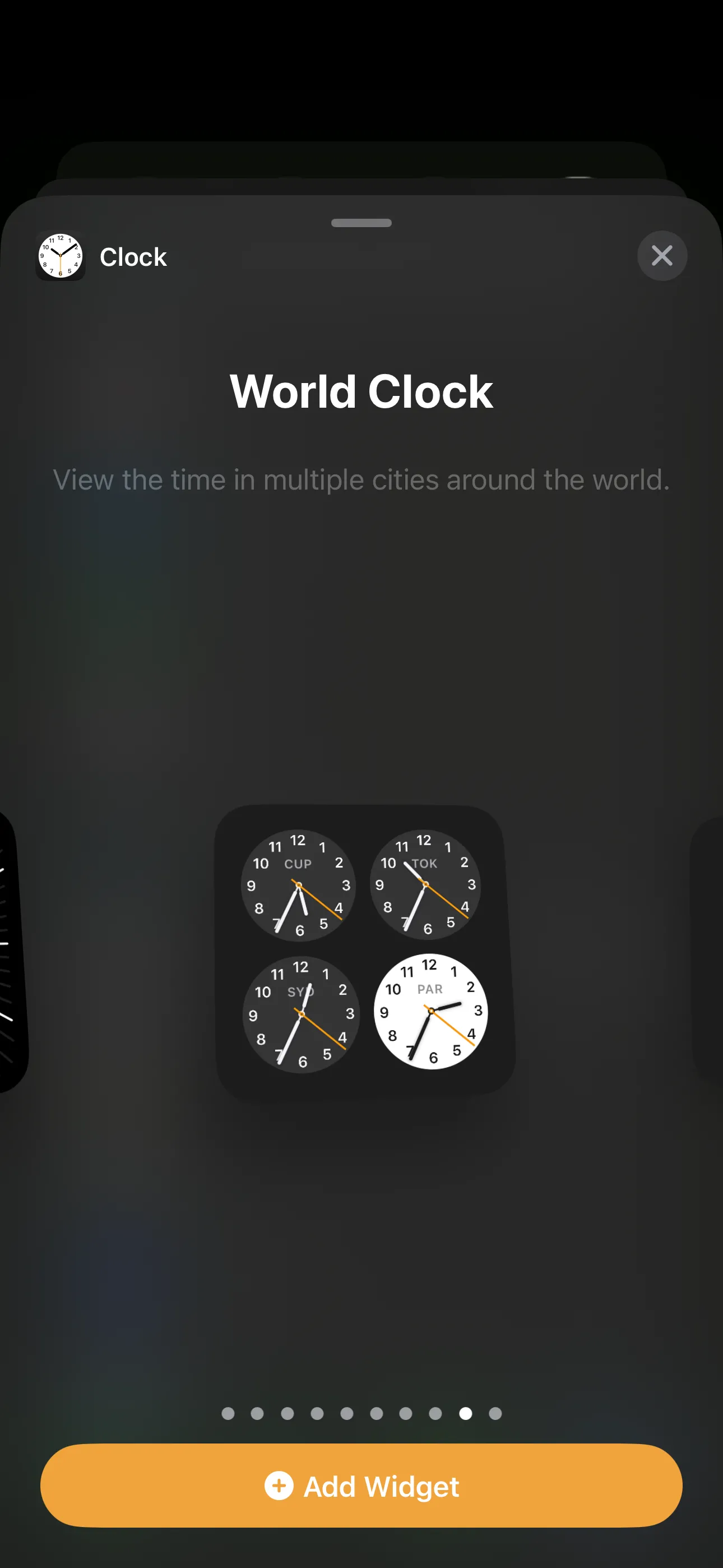 Widget Đồng hồ thế giới kiểu vuông hiển thị trên iPhone