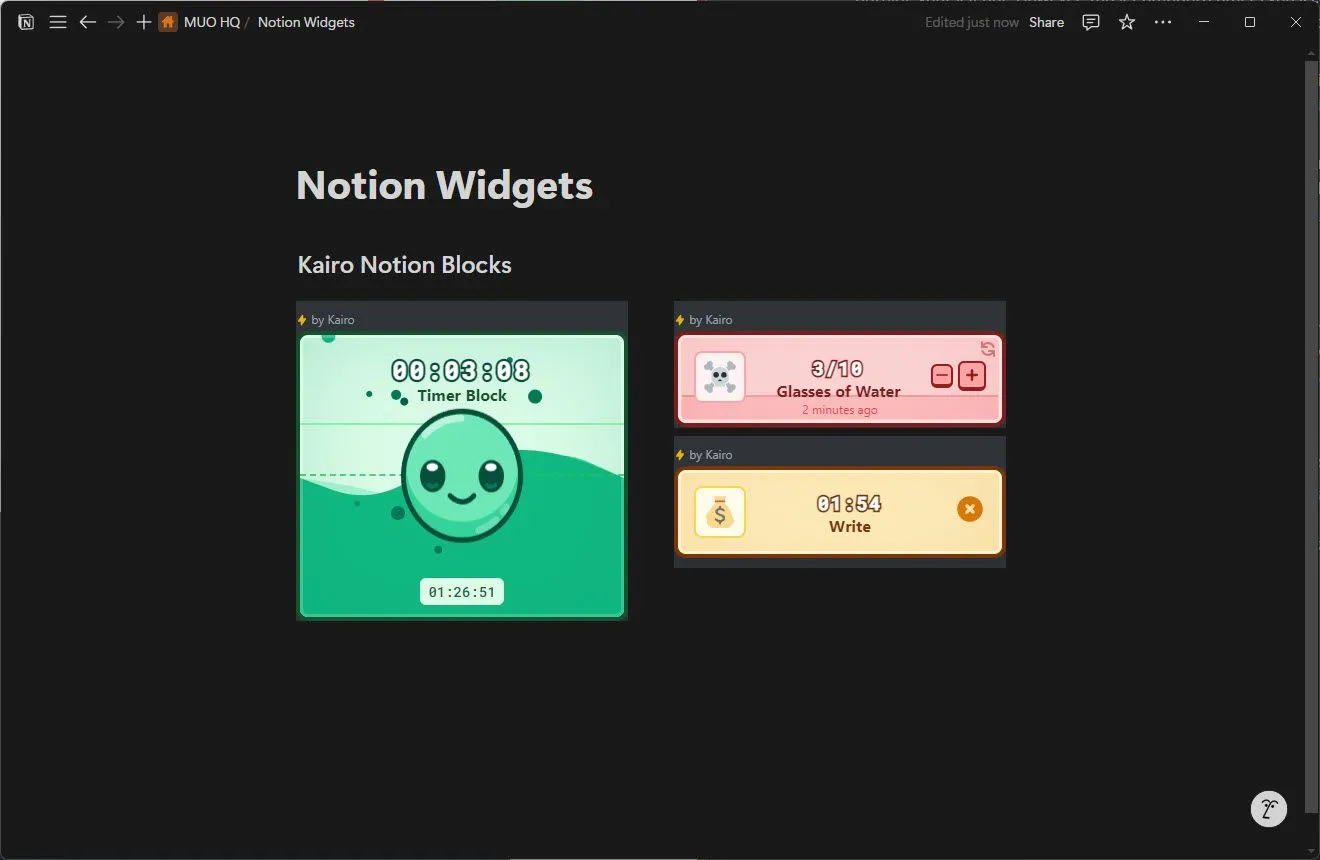 Widget Kairo Notion Blocks với các khối chức năng tùy chỉnh trên Notion