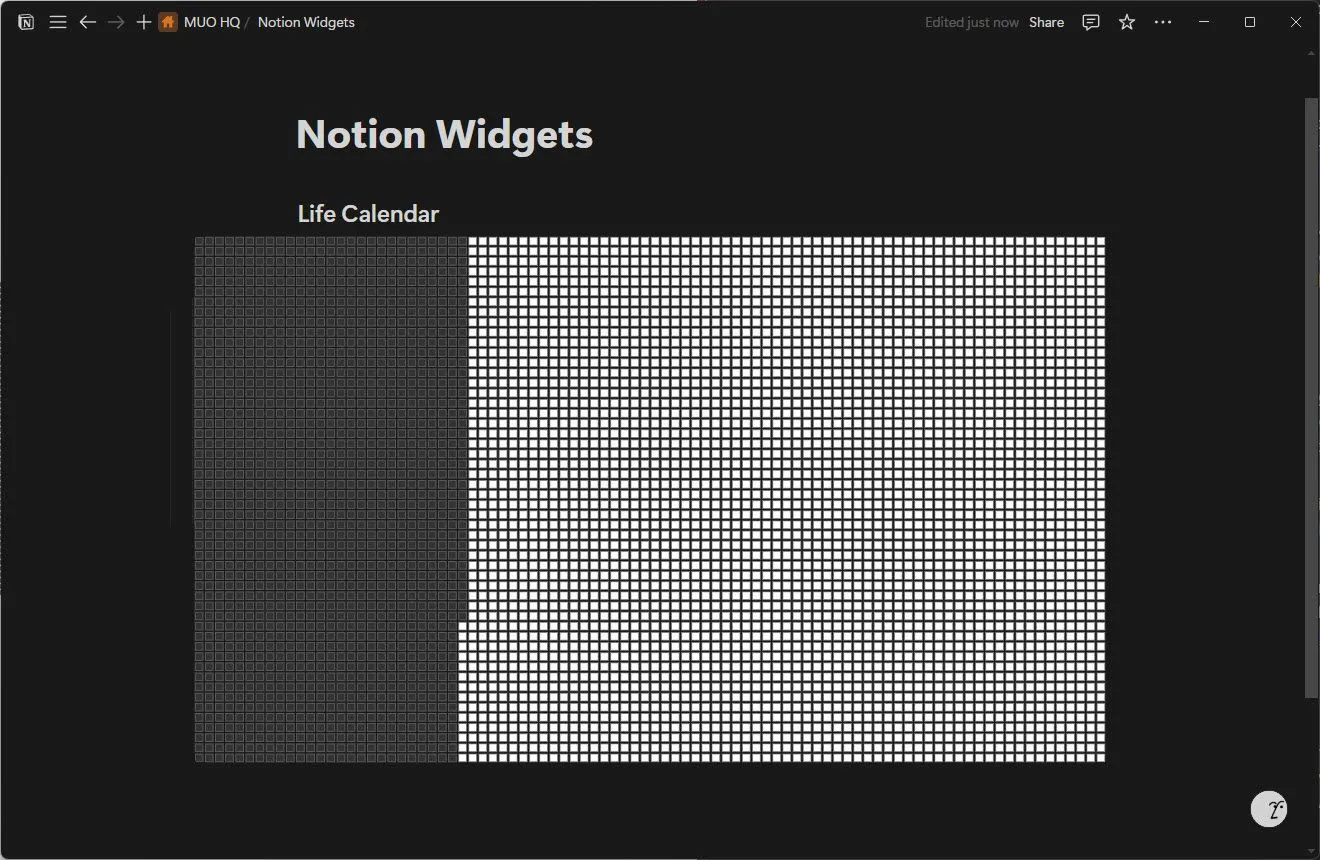 Widget Lịch Cuộc Đời của Notion hiển thị thời gian đã trôi qua và sắp tới