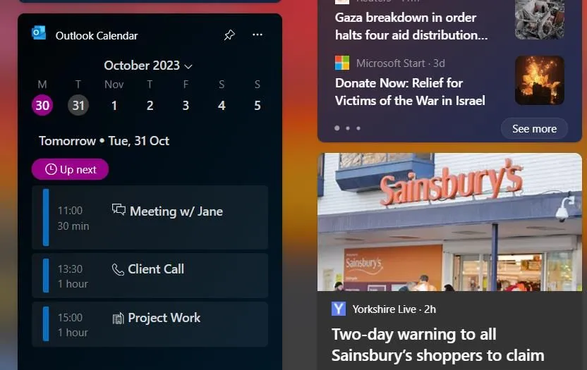 Widget Lịch Outlook trên Windows 11 hỗ trợ tăng năng suất