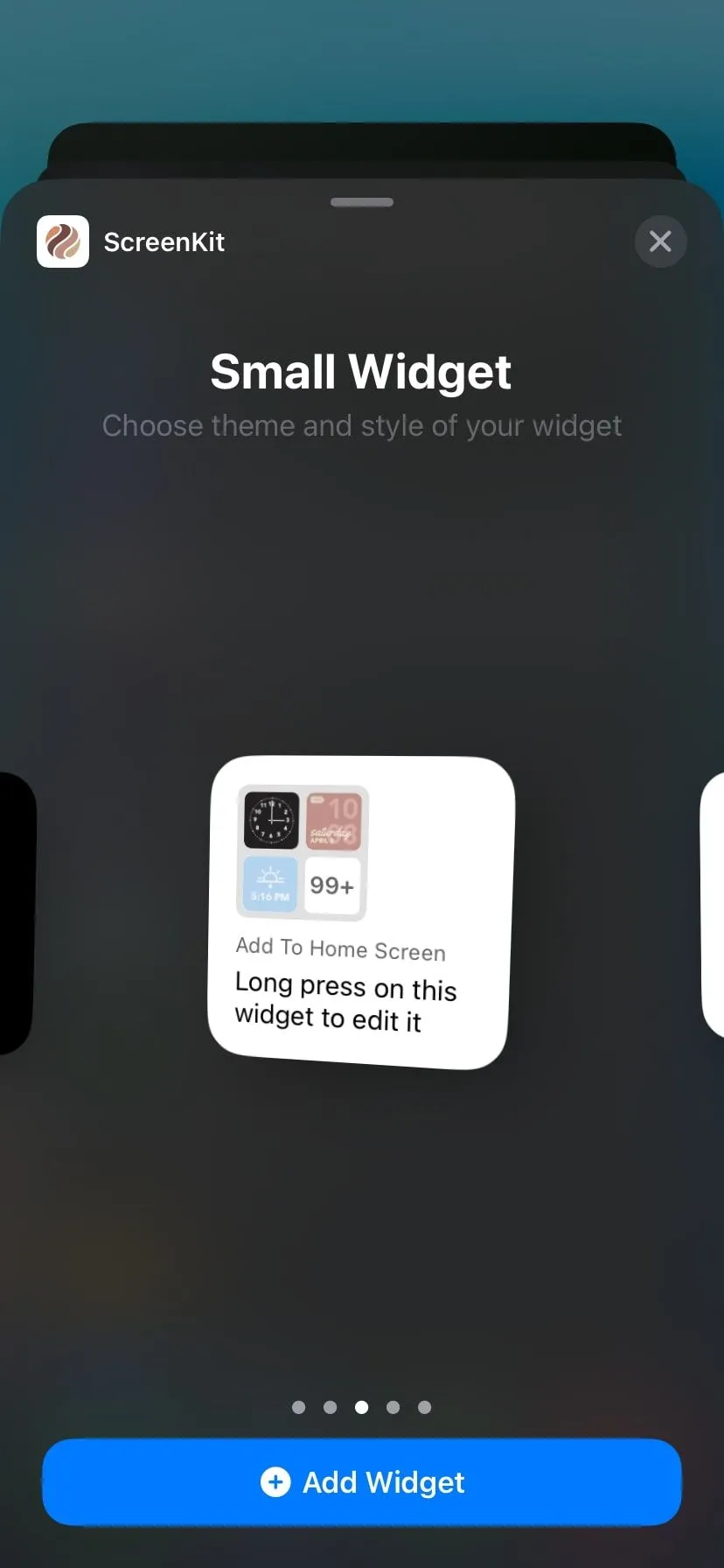 Widget ScreenKit với thiết kế tối giản trên màn hình chính iPhone