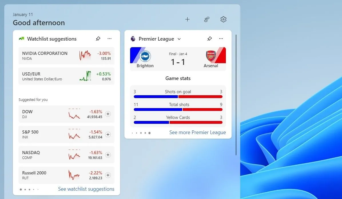 Widget Thể thao trên Windows 11 hiển thị tỷ số trận đấu bóng đá