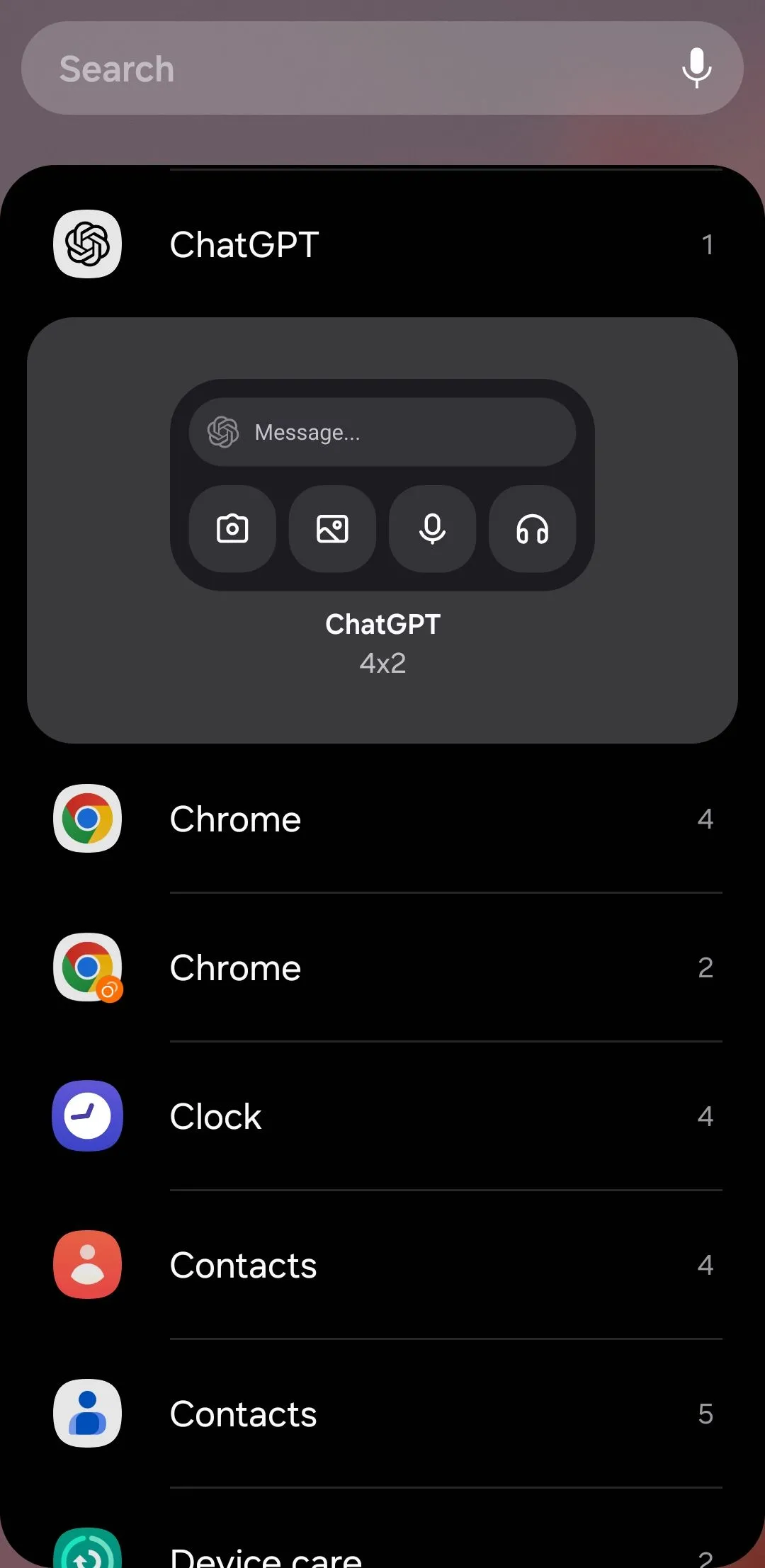 Widget ứng dụng ChatGPT trên điện thoại Android, cho phép tương tác bằng văn bản, giọng nói hoặc hình ảnh trực tiếp từ màn hình chính.