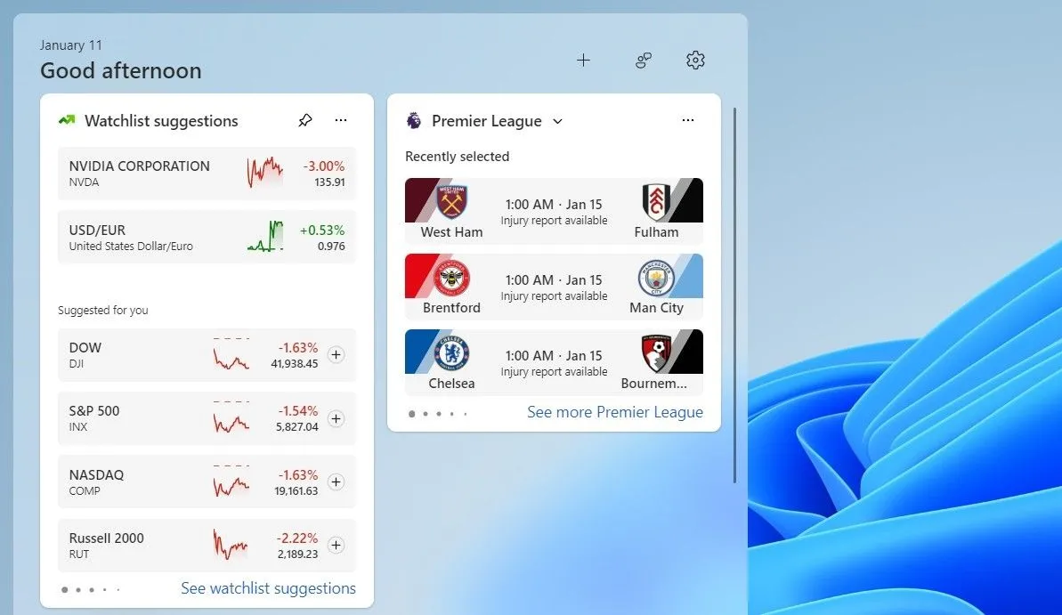 Widget Watchlist trên Windows 11 theo dõi biến động thị trường chứng khoán và tiền điện tử