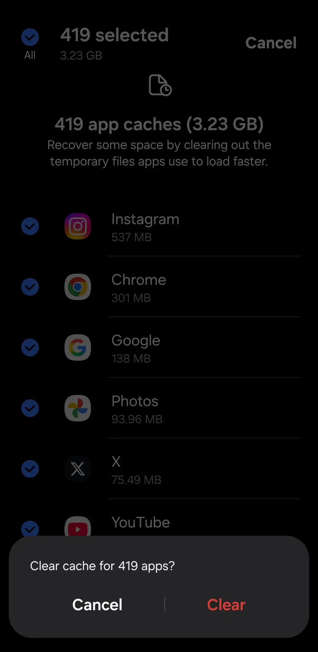 Xác nhận xóa bộ nhớ đệm (cache) cho các ứng dụng đã chọn trên điện thoại Samsung