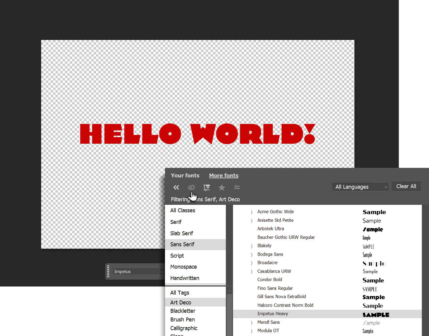 Xem trước phông chữ trực tiếp trên văn bản và các tùy chọn lọc theo thể loại trong Font Browser của Photoshop.
