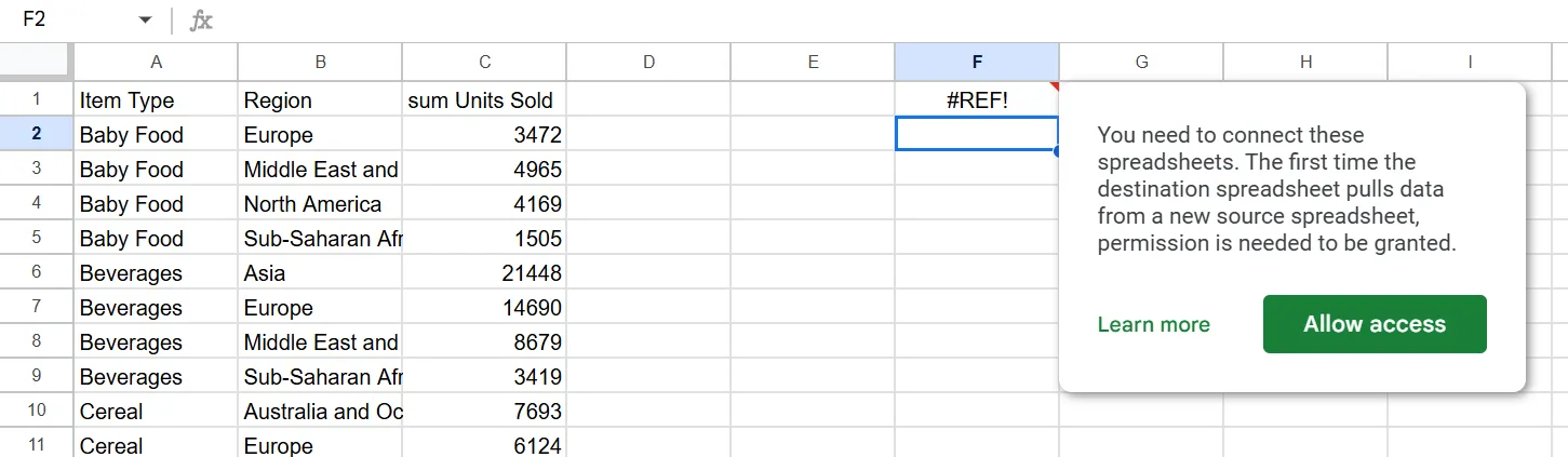 Yêu cầu cấp quyền truy cập bảng tính bên ngoài khi sử dụng IMPORTRANGE và QUERY trong Google Sheets