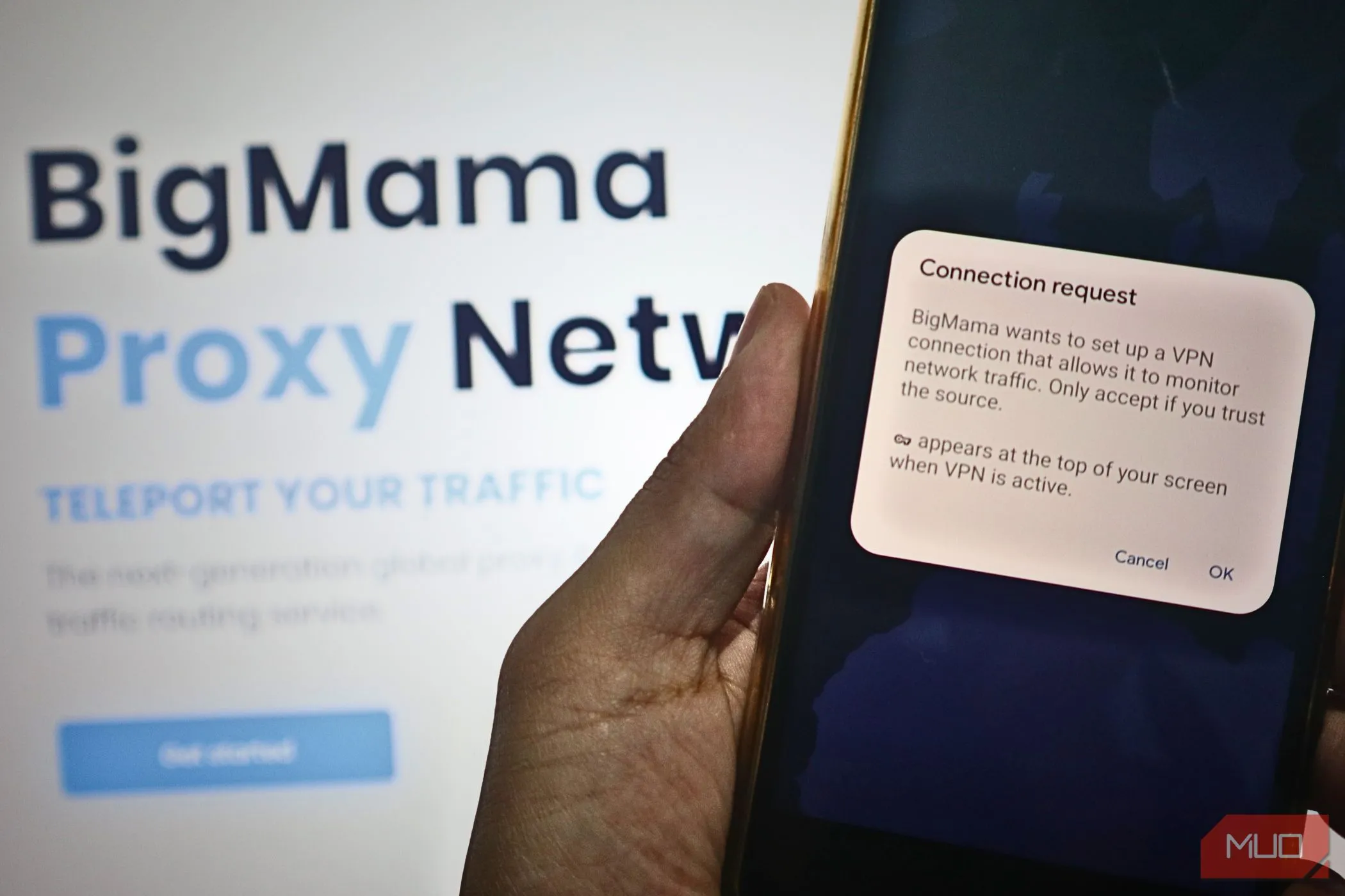 Yêu cầu kết nối từ dịch vụ VPN miễn phí như BigMama, tiềm ẩn rủi ro về quyền riêng tư và bảo mật dữ liệu.